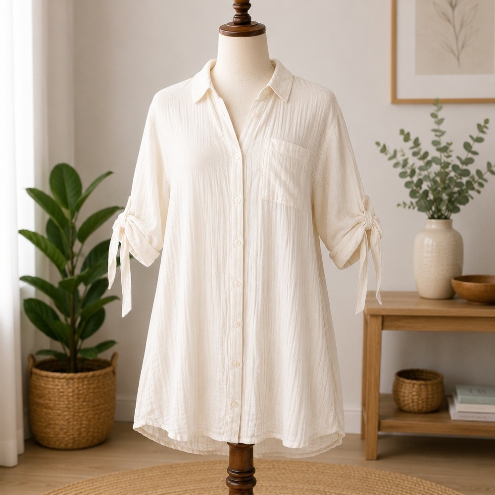 NWT CUPSHE Beach Cover Up Shirt Womens XL White Crinkle Button Down Tie Sleeve